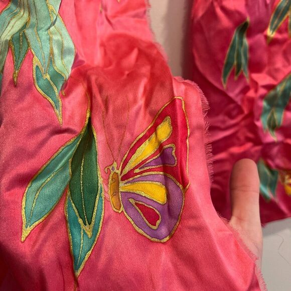 M.S. Compere Womens Pink Rectangle Scarf Small Silk Floral Day Butterfly Center - Picture 3 of 8